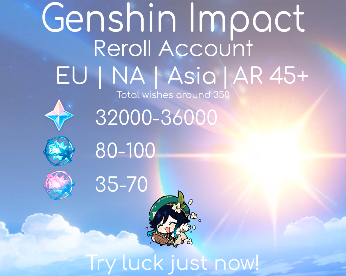 NA|EU|Asia GI Genshin Impact Reroll Account | 32,000 Primogems | 350 Draws/Wishes | AR40+