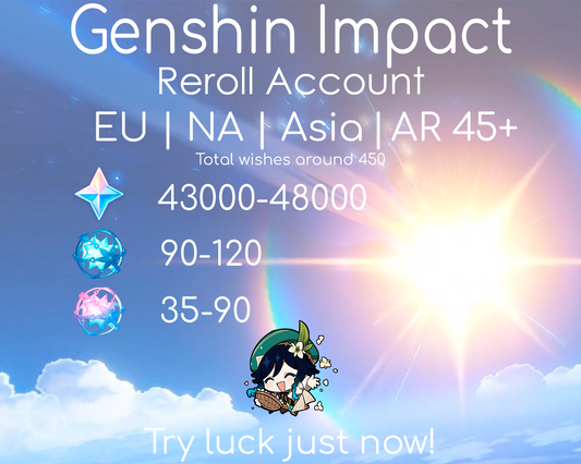 NA|EU|Asia GI Genshin Impact Reroll Account | 43,000 Primogems | 450 Draws/Wishes | AR45+