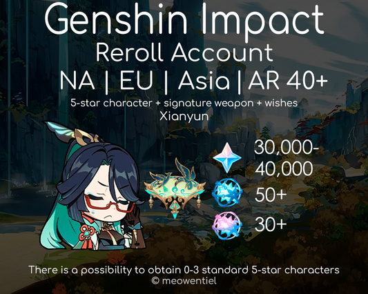 NA|EU|Asia GI Genshin Impact Reroll Account | Xianyun | Signature Weapon | 30,000+ Primogems | Total 270 Wishes/Draws | AR40+