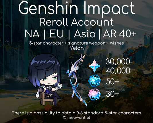 NA|EU|Asia GI Genshin Impact Reroll Account | Yelan | Signature Weapon | 30,000+ Primogems | Total 270 Wishes/Draws | AR40+
