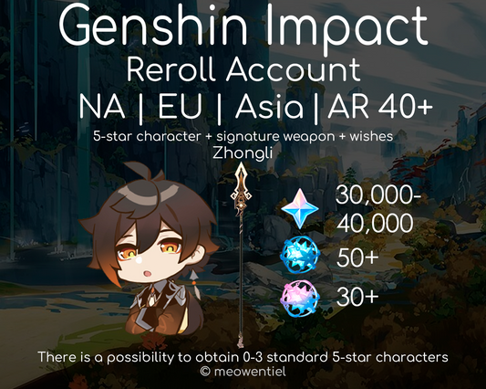 NA|EU|Asia GI Genshin Impact Reroll Account | Zhongli | Signature Weapon | 30,000+ Primogems | Total 270 Wishes/Draws | AR40+